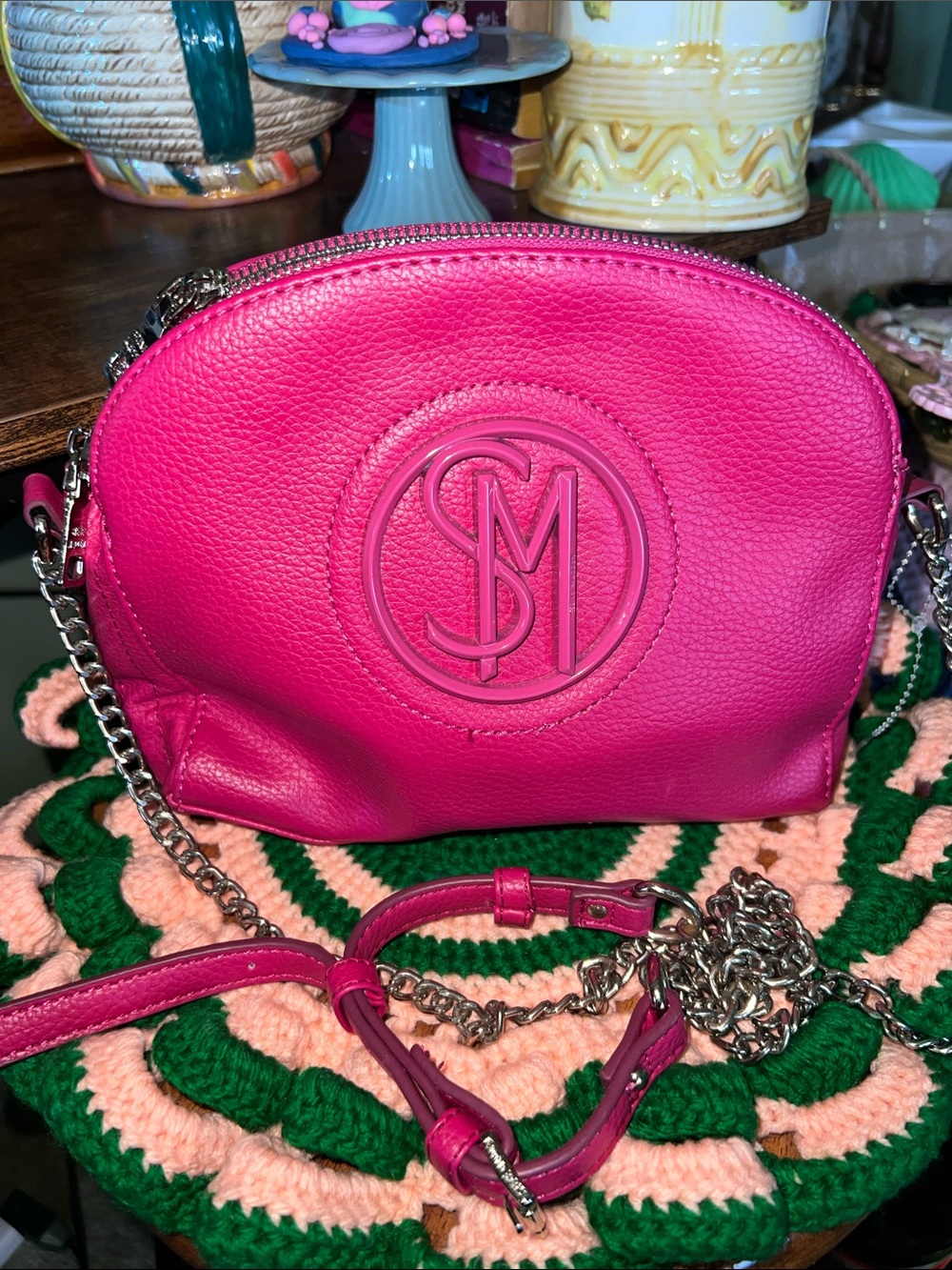 Steve Madden Logo Fuchsia Leather Crossbody Bag with silver hardware